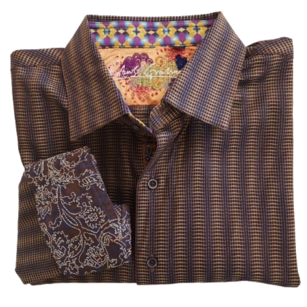 Robert Grahm Men's Long Sleeve Button Up Shirt Size XL Brown Blue Flip Cuff